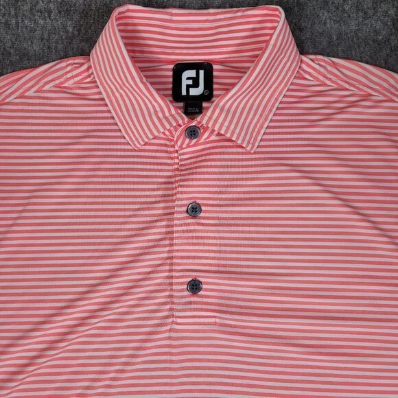 FJ FootJoy Golf Polo Shirt Mens L Large Performance Pink Gray White Striped - Picture 3 of 9